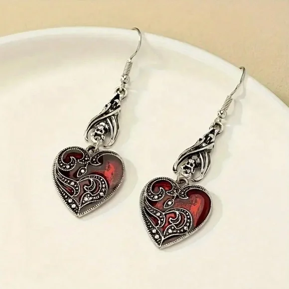 Elegant Silver and Red Heart Earrings - Picture 6 of 6